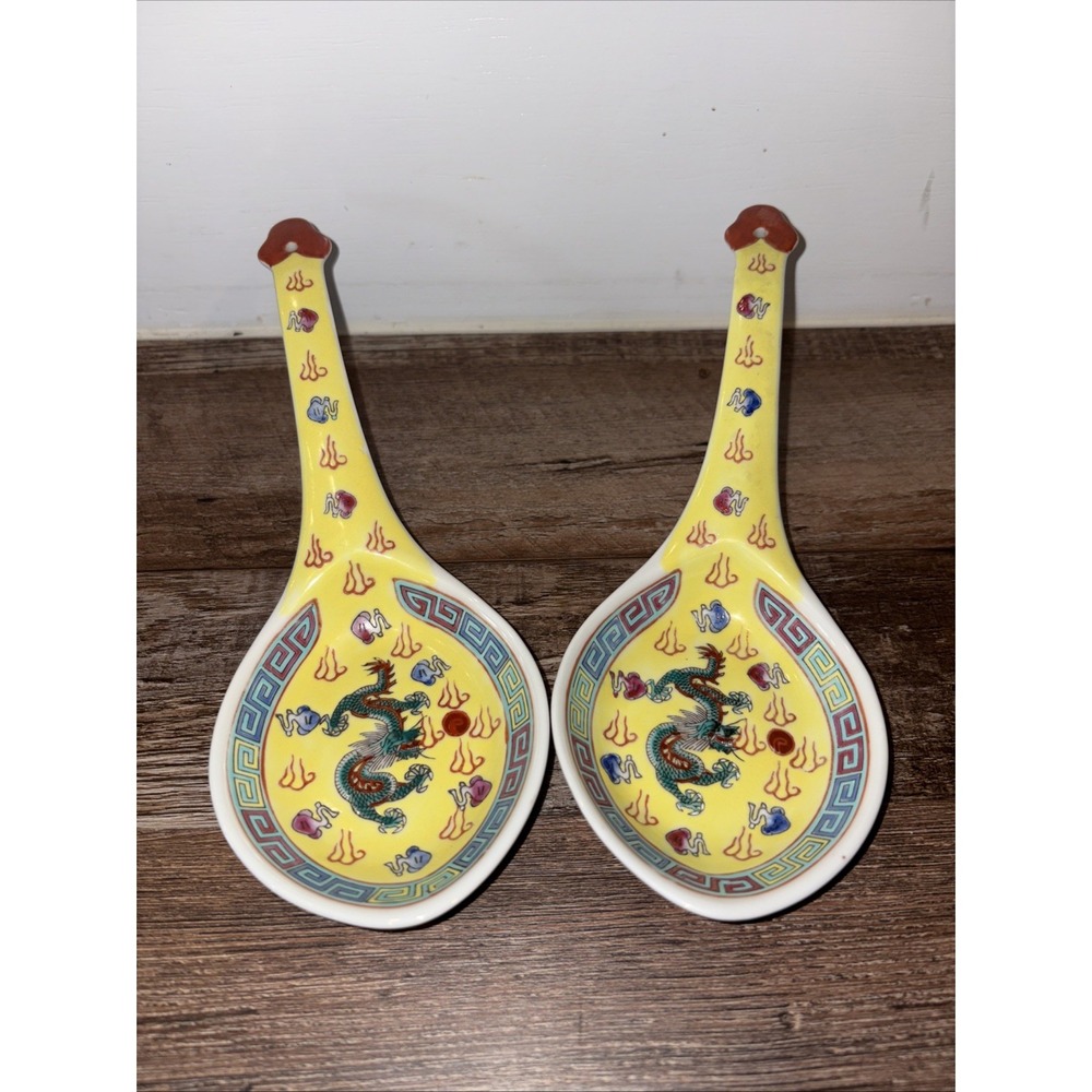 2/Porcelain Hand-Painted Chinese Spoon Rest 5 Toed Dragon and Flaming Pearl 8.5"